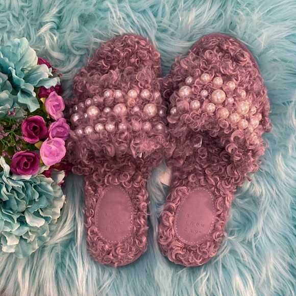 a new day Shoes - NEW! Purple Shag Pearl Accent Slide Slippers